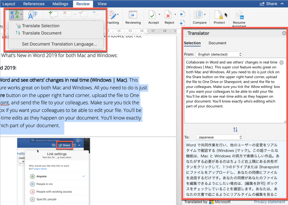 Microsoft Translator in Word 2019 (Windows and Mac)
