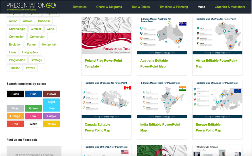 screenshot of PresentationGo’s free collection of editable maps and flags for PowerPoint