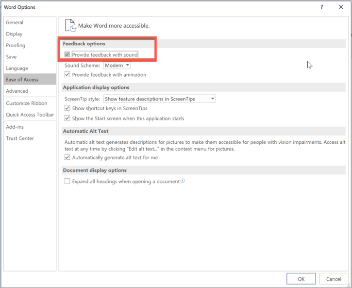 Steps to provide feedback with sound in Word 2019 (Windows only)