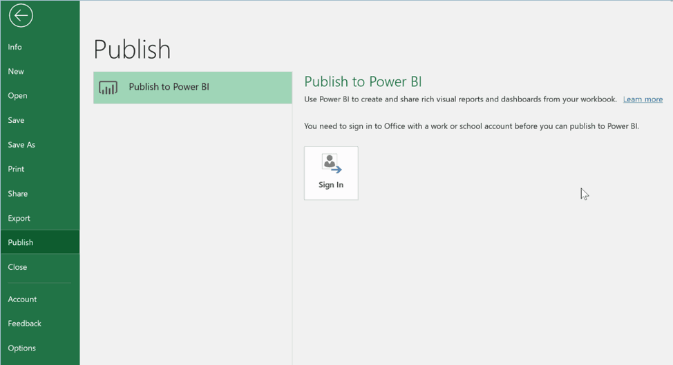 You can now publish to Power BI directly in Excel 2019 (Windows)
