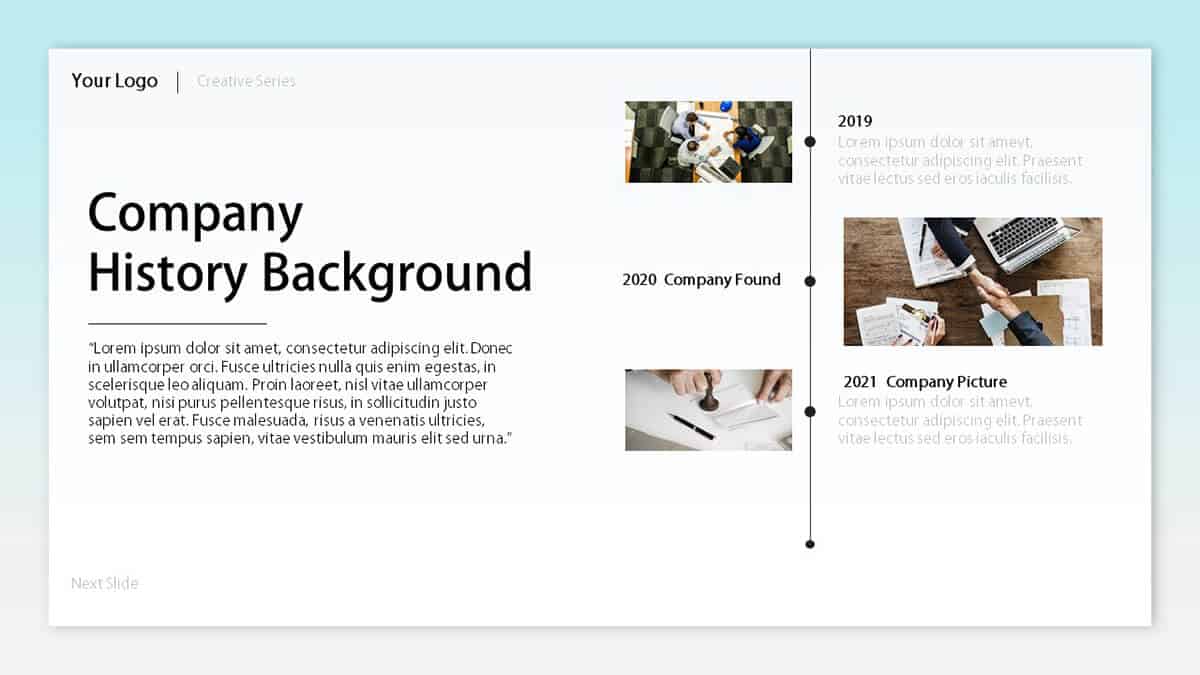 Company History Background slide of the Timeline Picture template pack