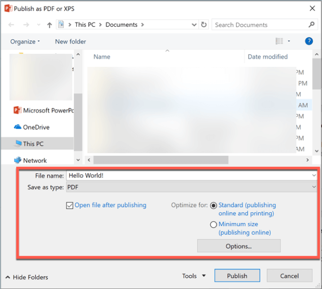 options when exporting PPT to PDF on windows