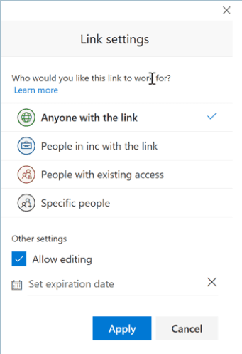 link settings option on windows to share your PPT file