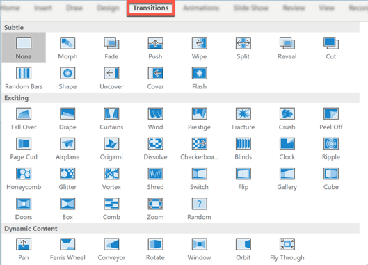This is what the Transitions tab in PowerPoint (Windows) look like