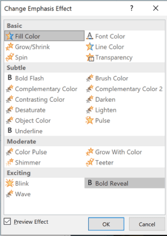 PowerPoint - complete list of emphasis effects