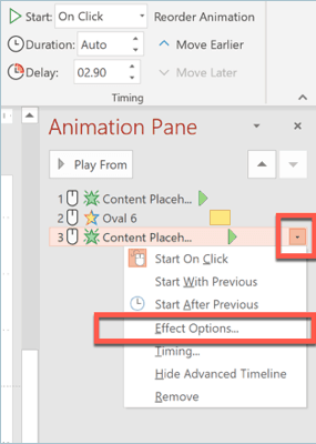 More effect options in powerpoint's animations pane