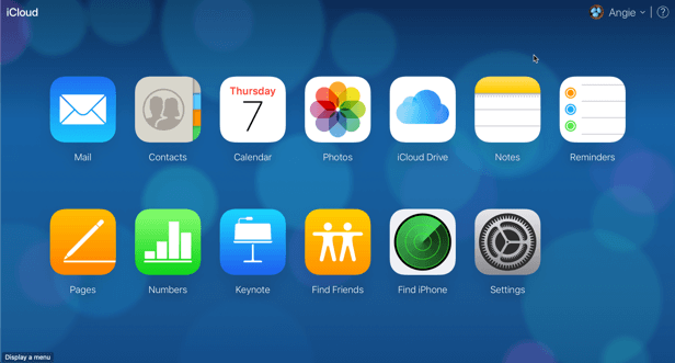 Menu options for iCloud.com