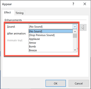 PowerPoint (windows) - the different animation sound effect options
