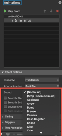 PowerPoint (mac) - the different animation sound effect options