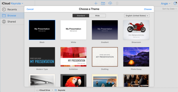 iCloud Keynote's theme chooser