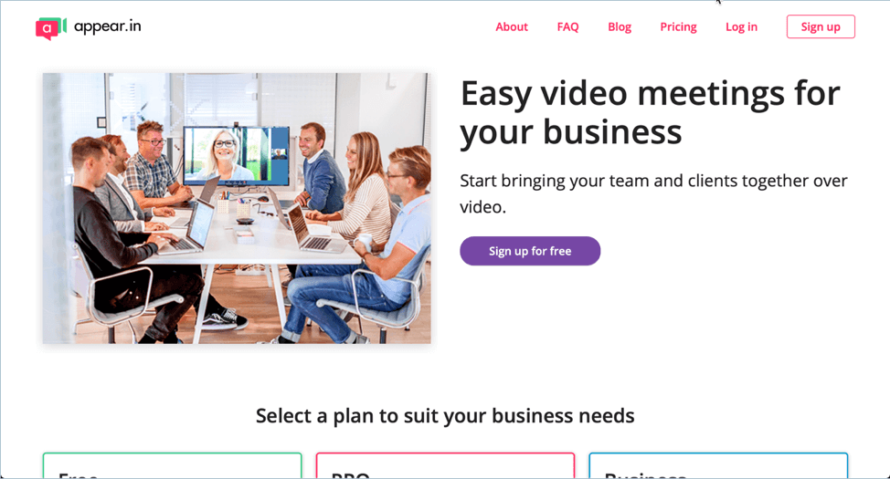 Screenshot of Appear.in homepage
