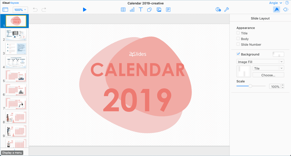 The 24Slides.com free calendar template is now showing up in icloud keynote