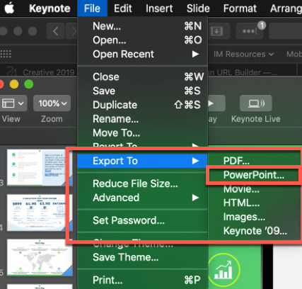 Export options available in Keynote