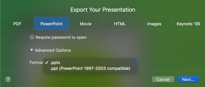 Keynote to PowerPoint export options shown on screen