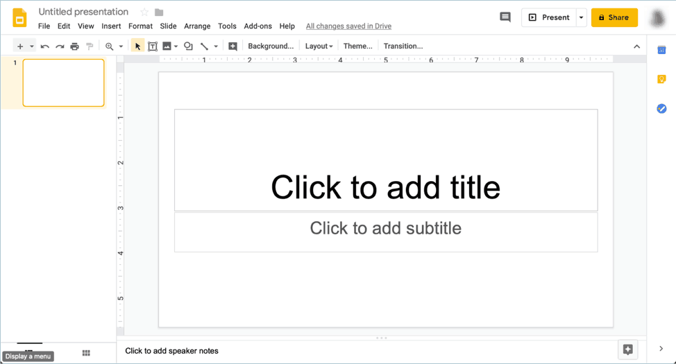 A blank Google Slides page or slide