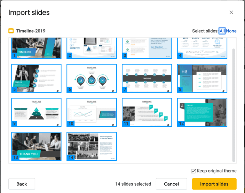 Importing 24Slides.com's Creative 2019 Timeline PowerPoint Template pack to google slides