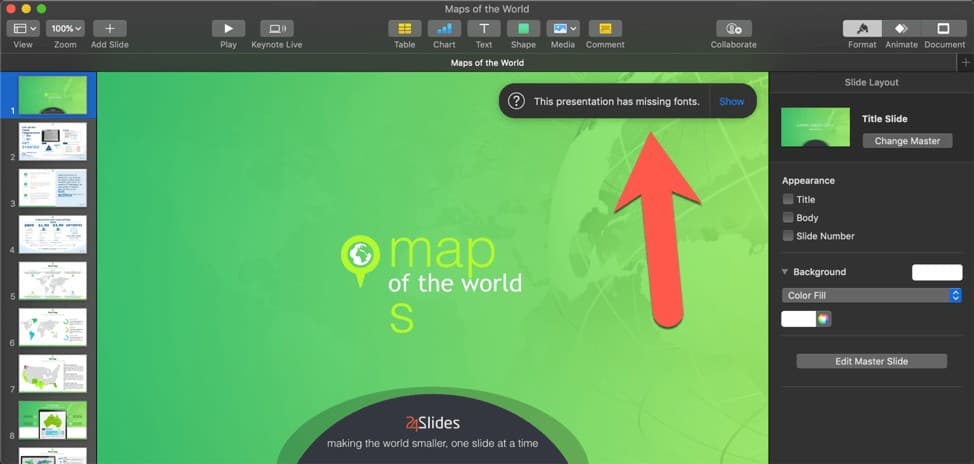 Keynote's missing fonts notification pops up on screen