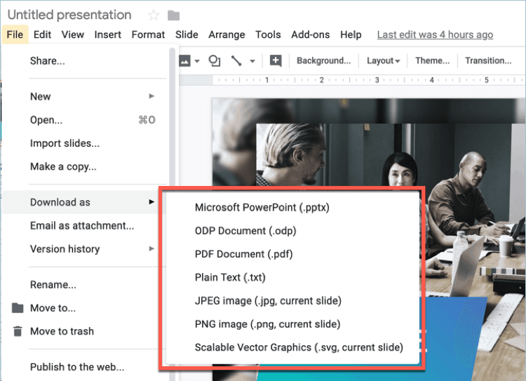 The different export options in Google Slides