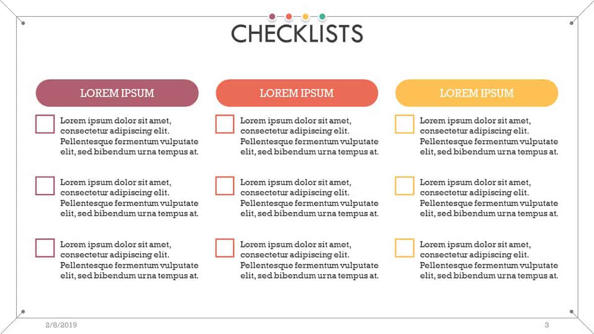 Three-column comparison checklist slide of Corporate Checklist PowerPoint Template
