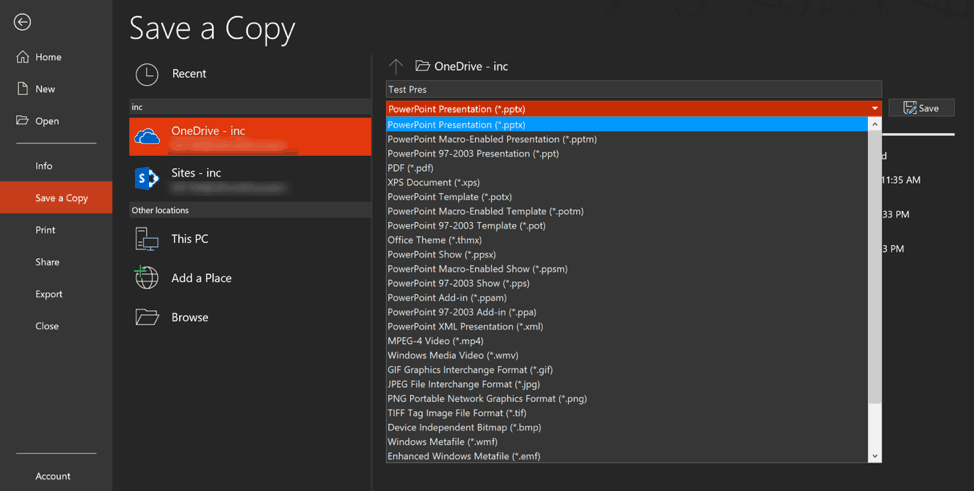 powerpoint's save and export options