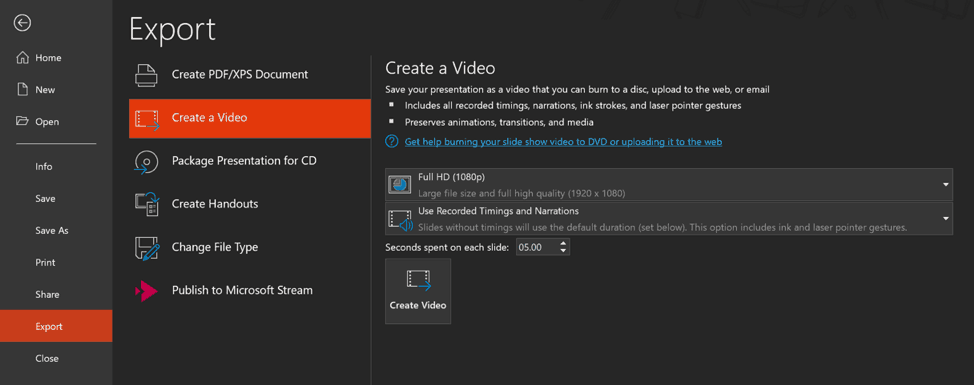 menu options to export PPT file to video format