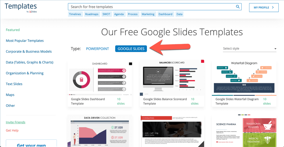 Screenshot of 24Slides Template Hub for free Google Slides templates
