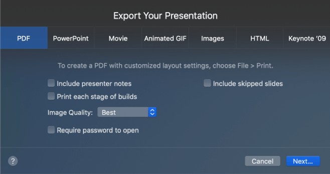 how to export keynote to PDF format