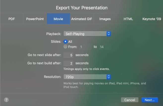 screen to export keynote to movie format