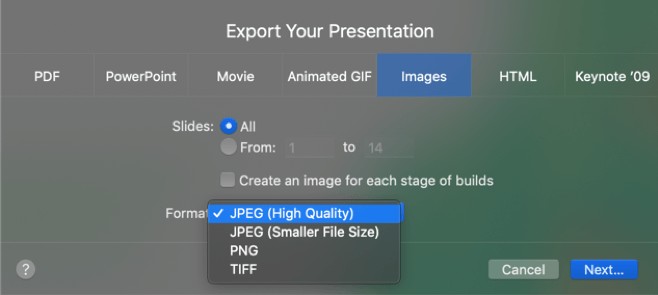 screen to export keynote to image format