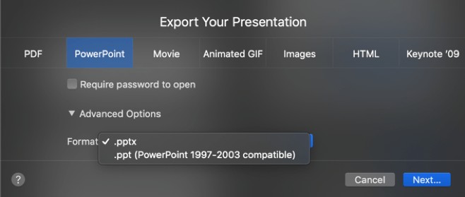 selecting the PowerPoint format to export your Keynote file to