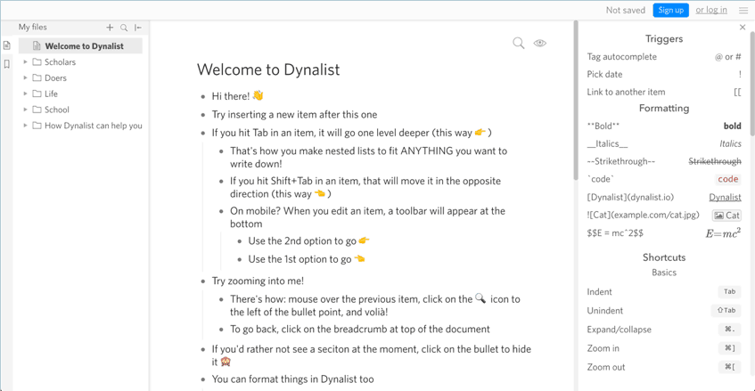 screenshot of Dynalist live demo page