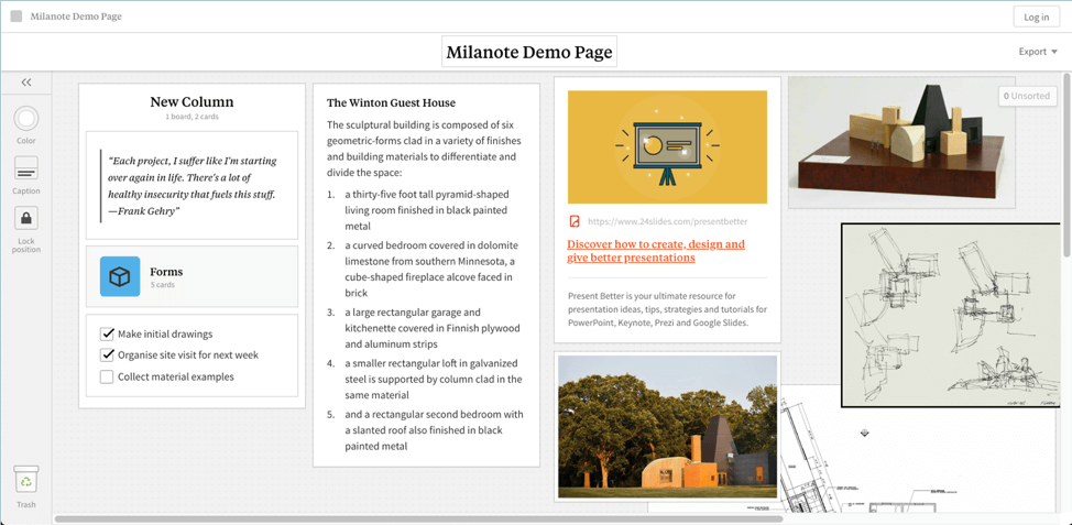 screenshot of Milanote demo page - check it out it's a great tool for organizing and structuring your presentation content