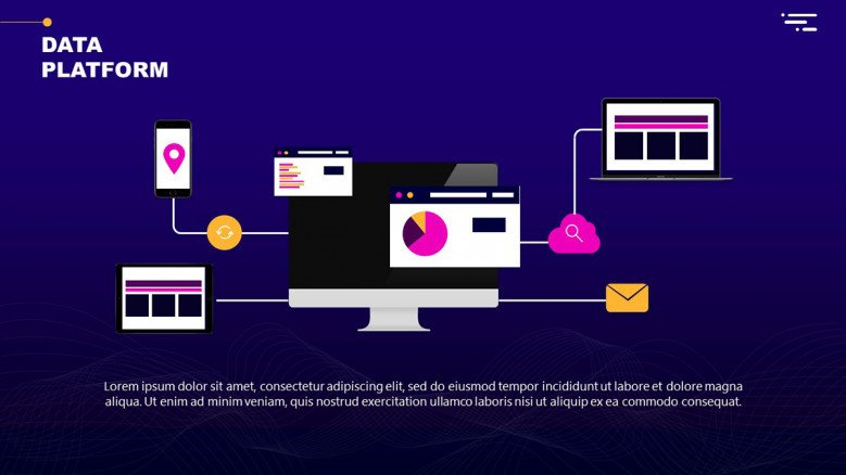 Data platform slide with connected devices for a tech webinar