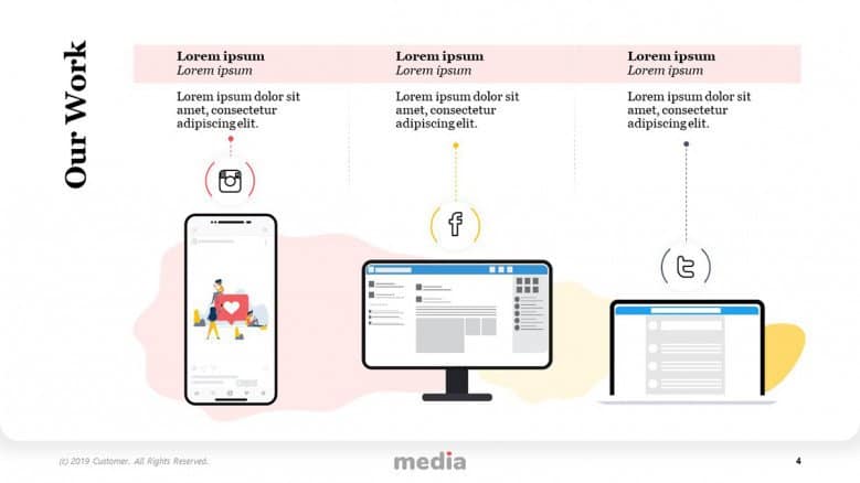 Comparison slide for twitter, facebook, and instagram in minimalist style