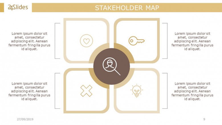 Stakeholders Matrix with four icons and text boxes in corporate style