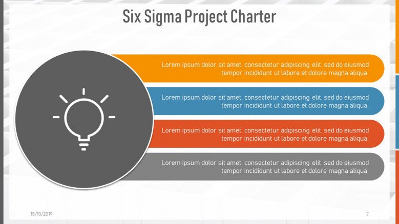 Ideas Slide with a light bulb icon for a Six Sigma Project Charter Presentation
