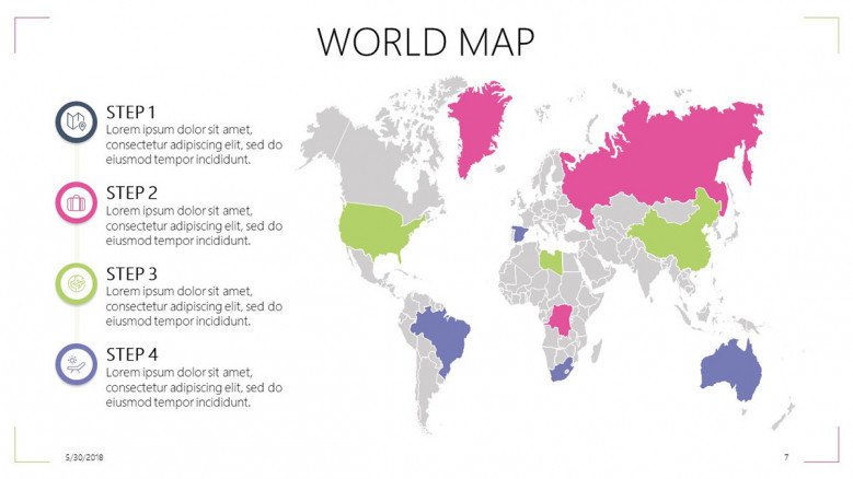 world map slide with steps and texts