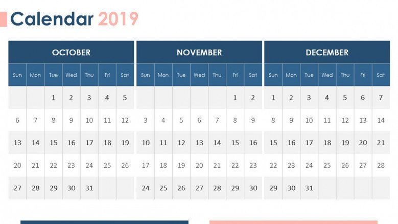 2019 calendar october, november, december with description text