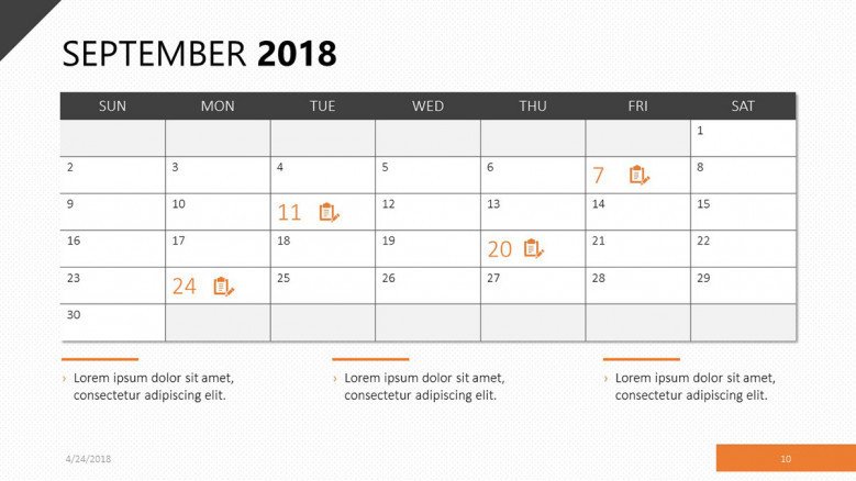 Calendar for September 2018 in orange theme