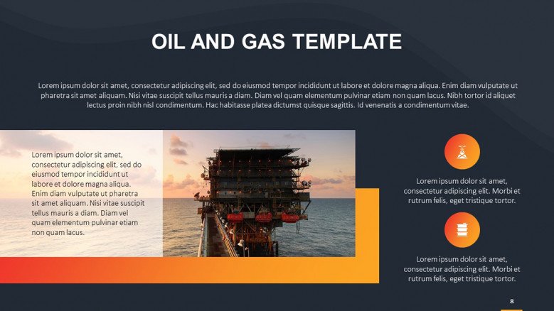 Oil and gas text slide featuring an image and icons