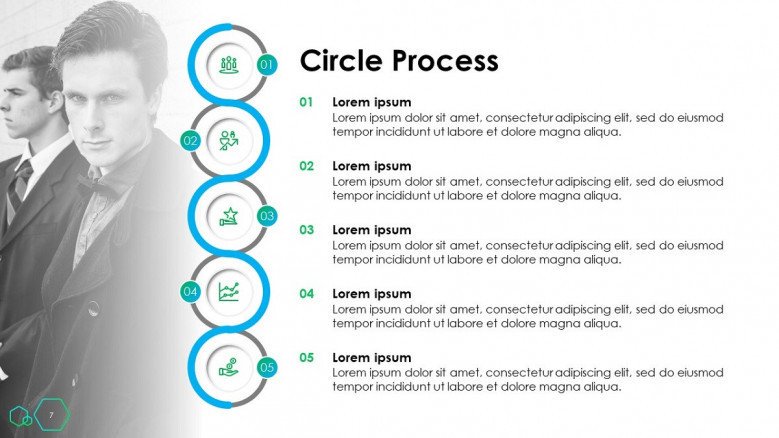 timeline slide in circle process in five key steps