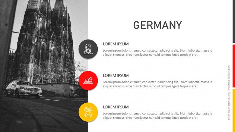 Germany Information slide with colorful icons and black and white image