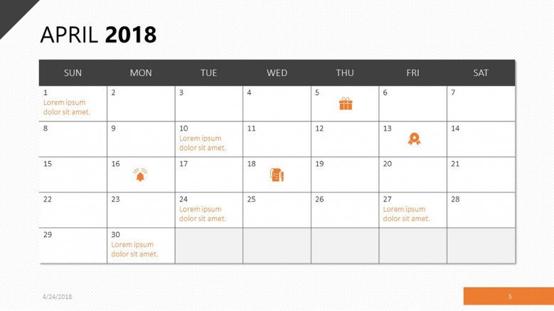 April 2018 calendar slide with orange theme
