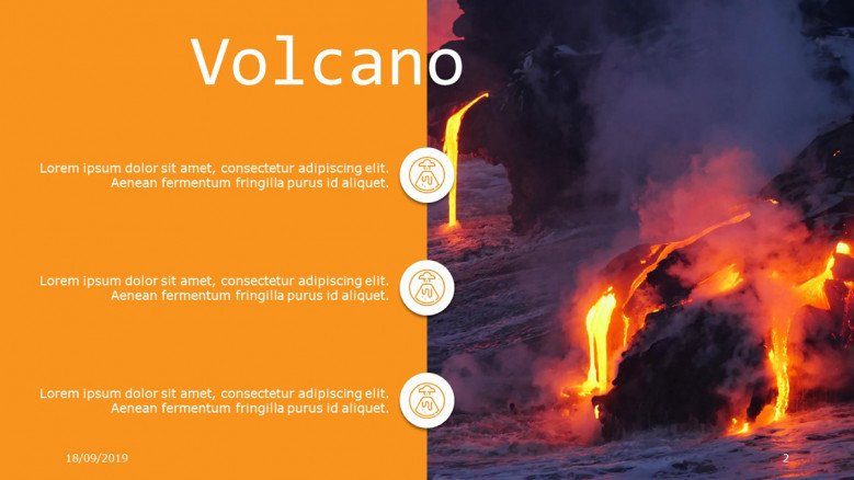 Creative three-points list with icons and volcano image