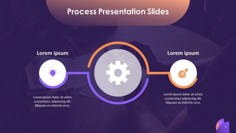 process slide overview in two key factors with icons and text