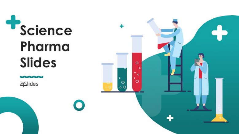 science pharma welcome slide in playful slide with illustrations of people