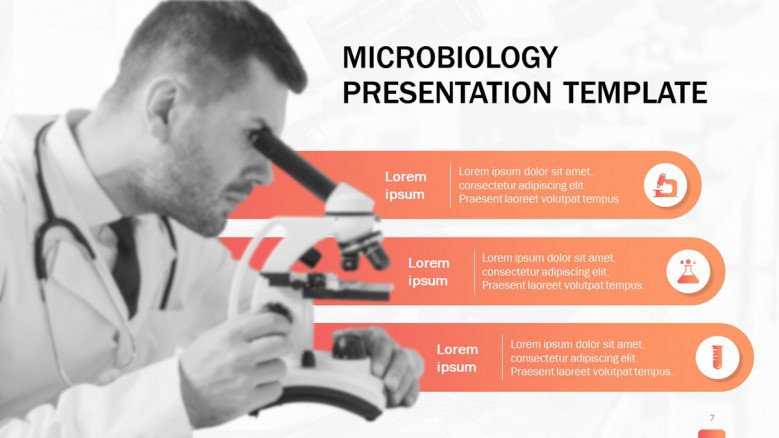 Microbiology slide in creative style featuring a scientist looking through a microscope