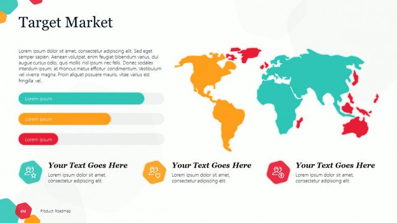 Product target market slide with a world map graphic and colorful bars