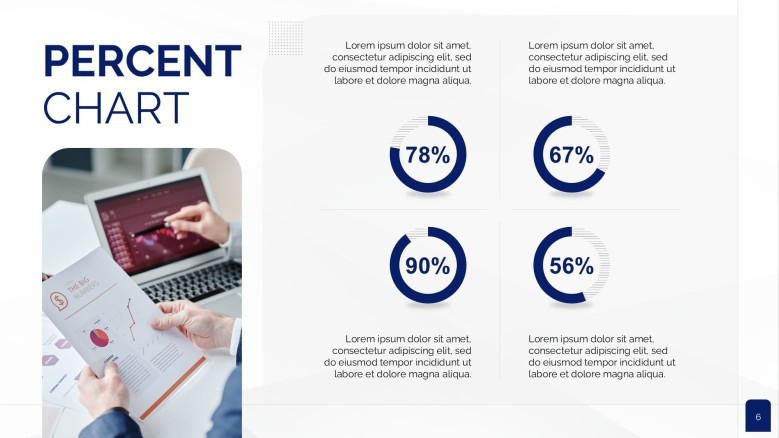 Financial slide with circle charts and percentages