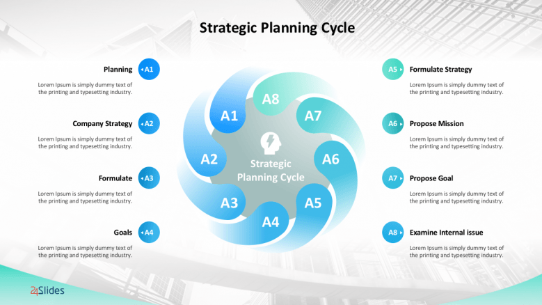 Strategic planning circle slides with 8 text circles
